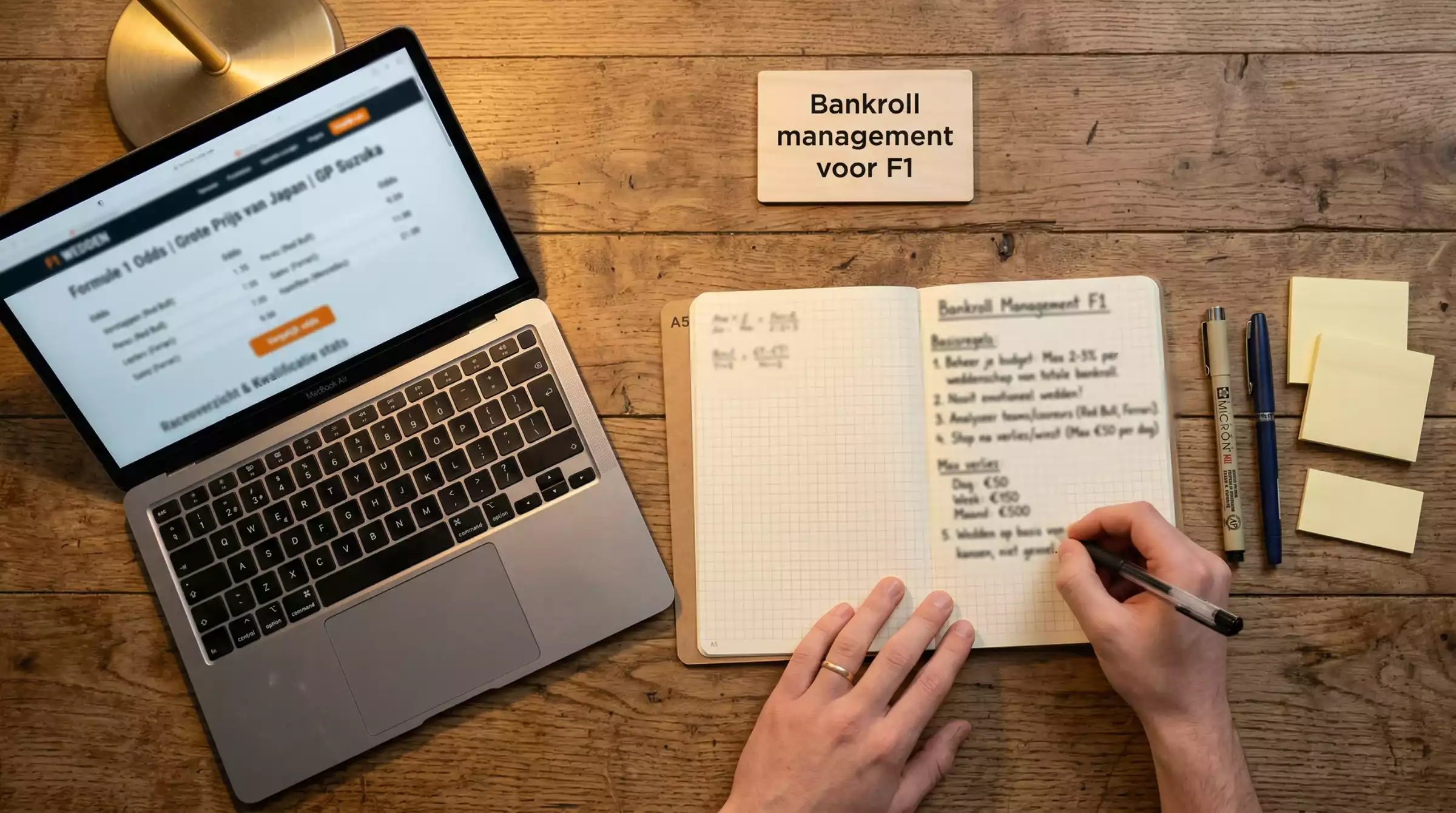 Persoon maakt aantekeningen in een notitieboek naast een laptop met Formule 1-data