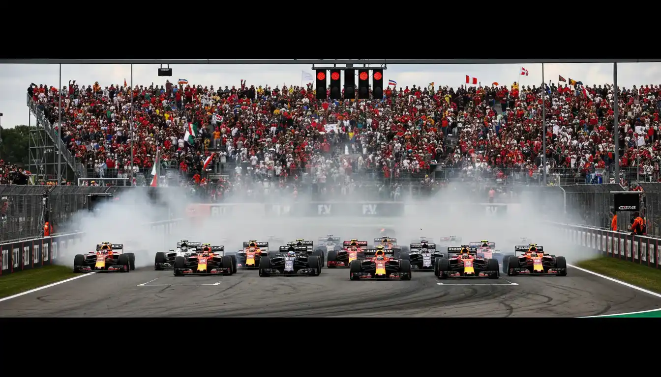 Meerdere Formule 1-auto's strijden zij aan zij bij de start van een Grand Prix