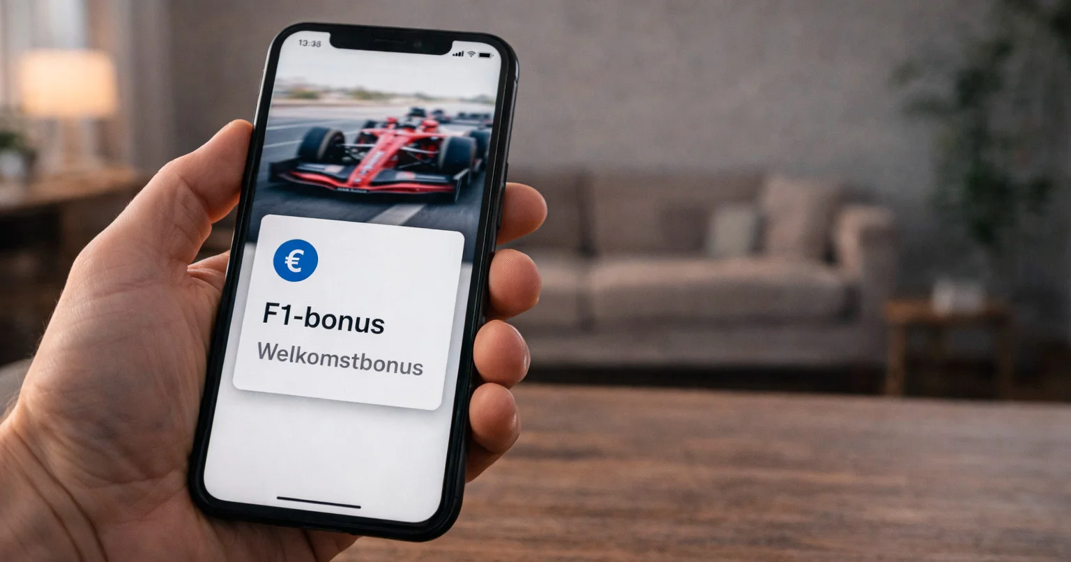 Hand die smartphone vasthoudt met F1 weddenschap bonus melding