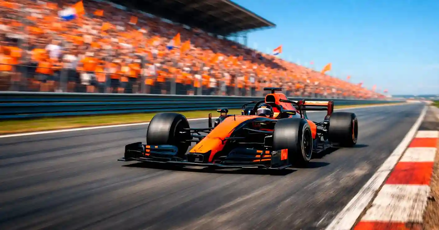 Formule 1-bolide op circuit met Nederlandse vlag op de achtergrond