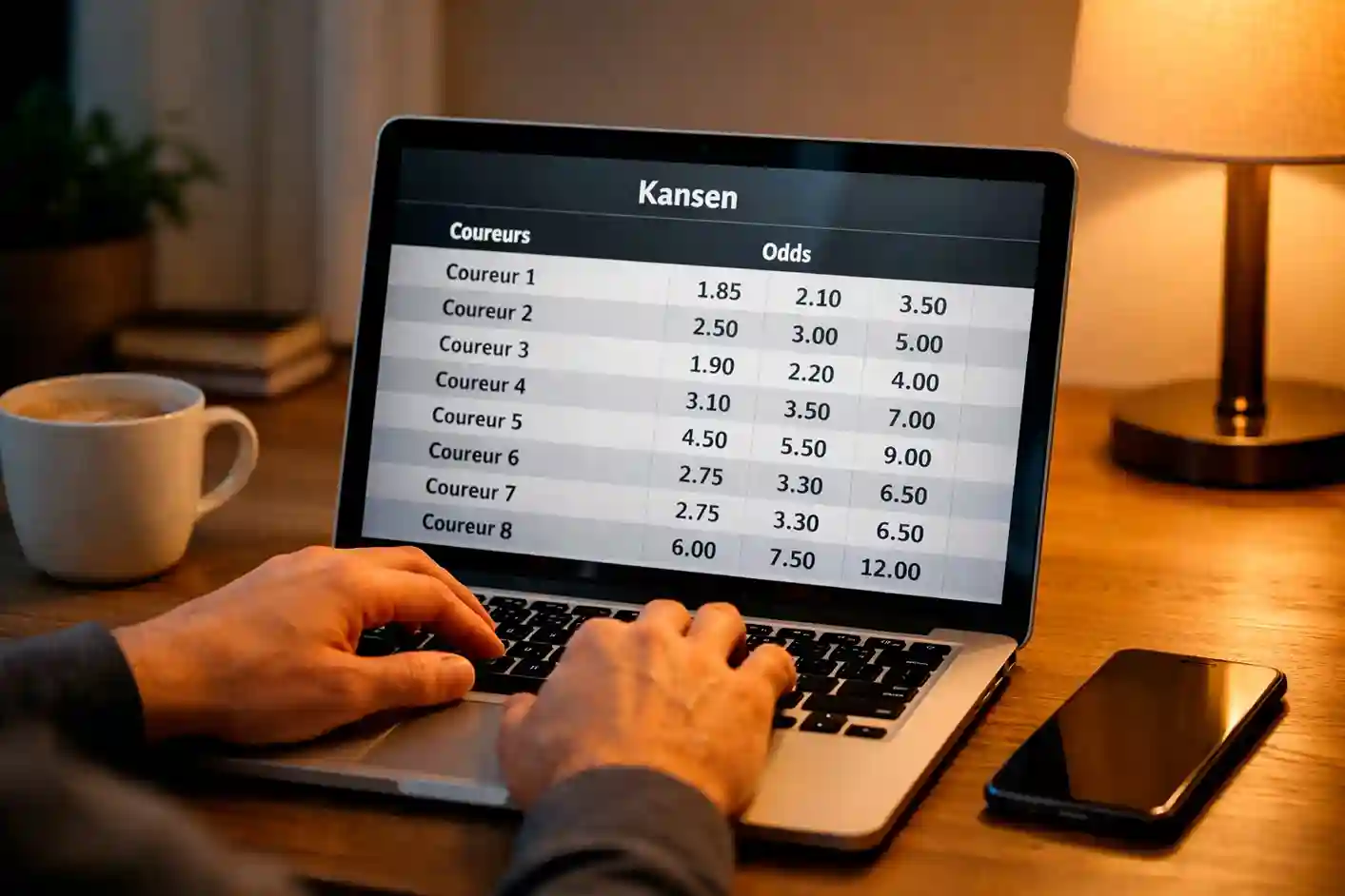 Persoon bekijkt F1 weddenschappen op laptop met smartphone ernaast