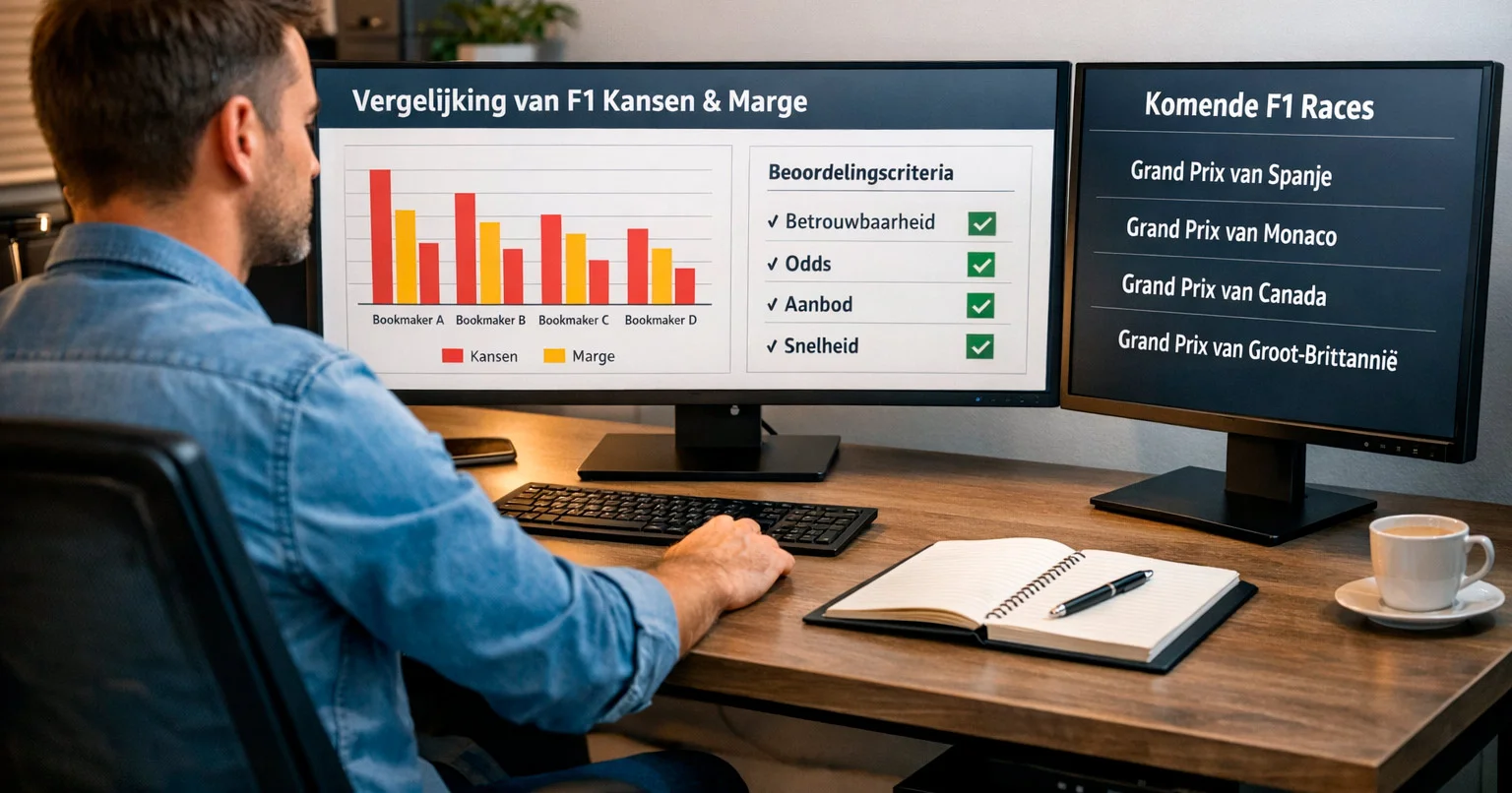 Professionele sportanalist die F1 data bekijkt op meerdere schermen