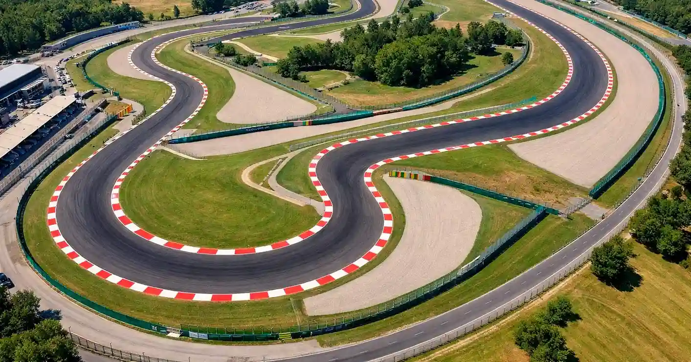 Luchtfoto van een bekend F1-circuit met kenmerkende bochten