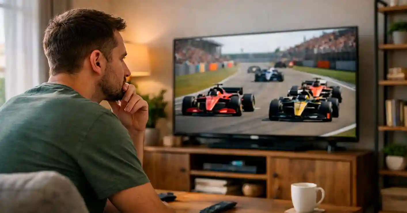Persoon die nadenkend naar F1-race kijkt op televisie