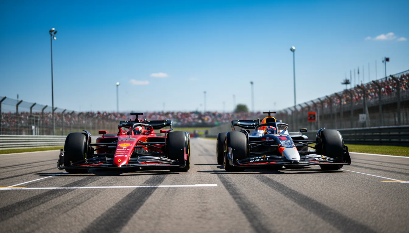 Twee Formule 1-auto's naast elkaar in een fel duel op het rechte stuk