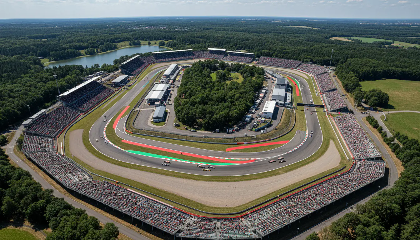 Overzicht van een Formule 1-circuit vanuit de lucht met volle tribunes