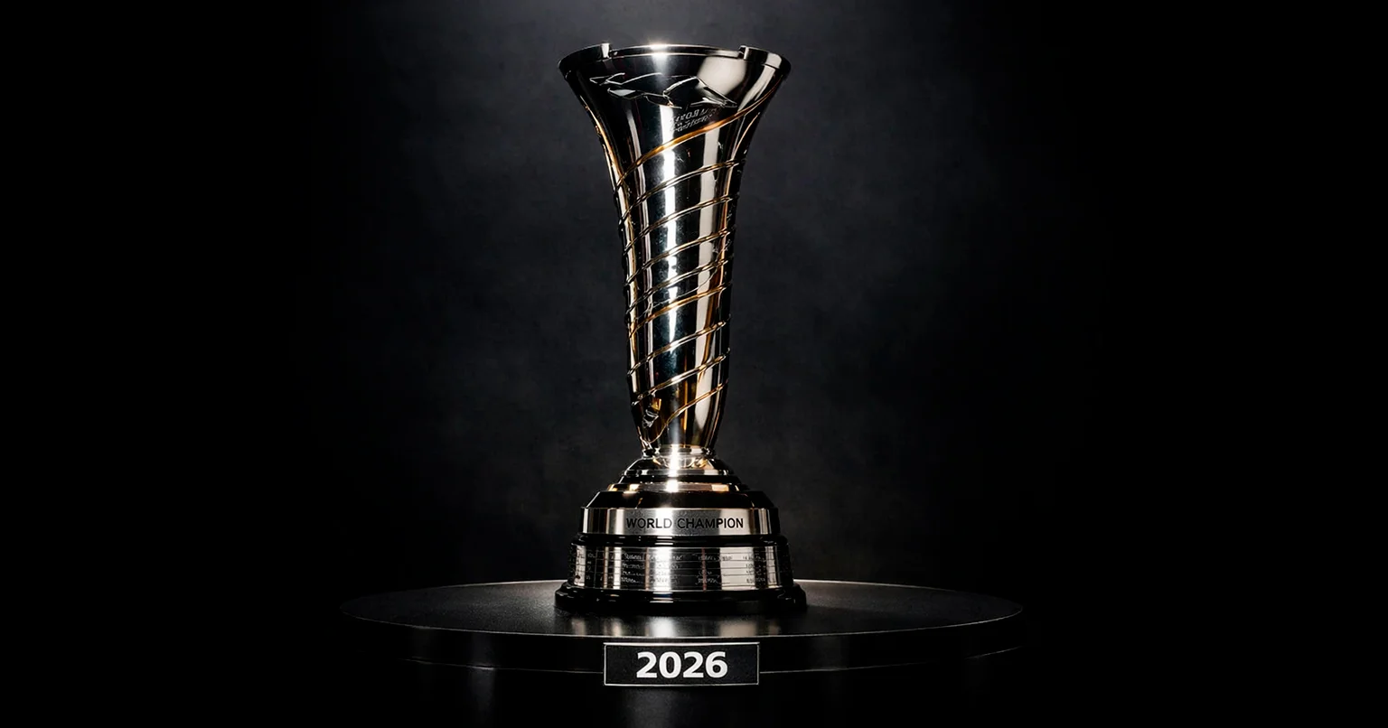 F1-kampioenschapstrofee met seizoen 2026 achtergrond
