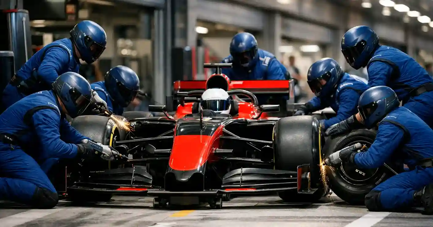 F1-pitstop actie met mechaniciens die banden wisselen