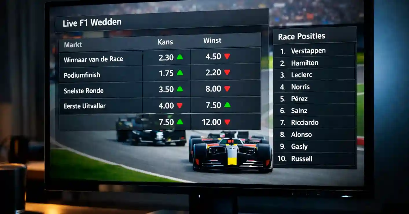 Sportboek interface met real-time F1 odds die veranderen