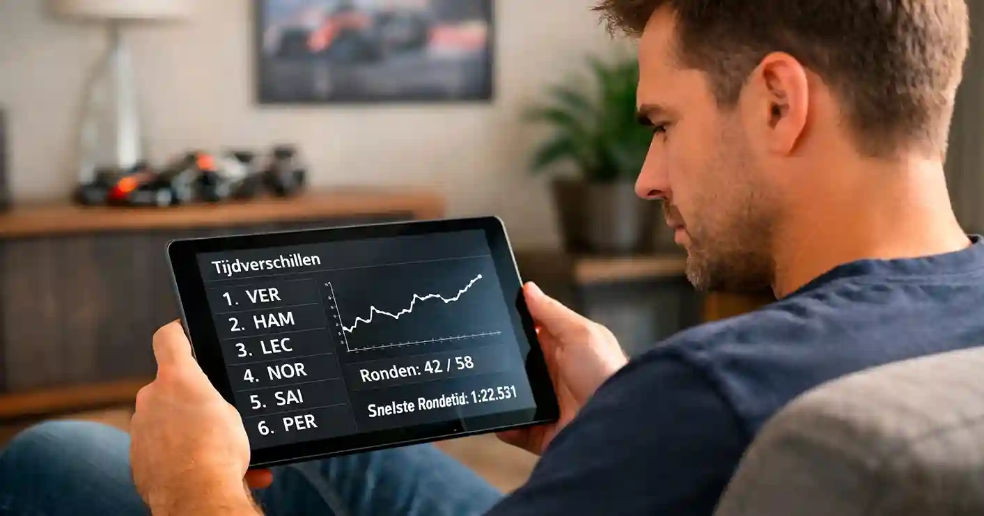 Persoon die geconcentreerd F1-race analyseert op tablet