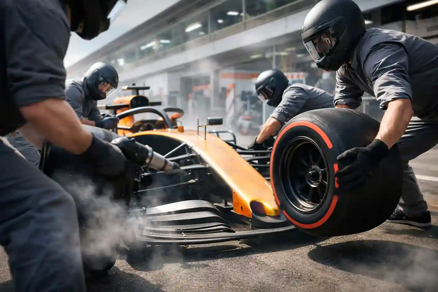 F1 pitstop met monteurs die banden wisselen tijdens een race