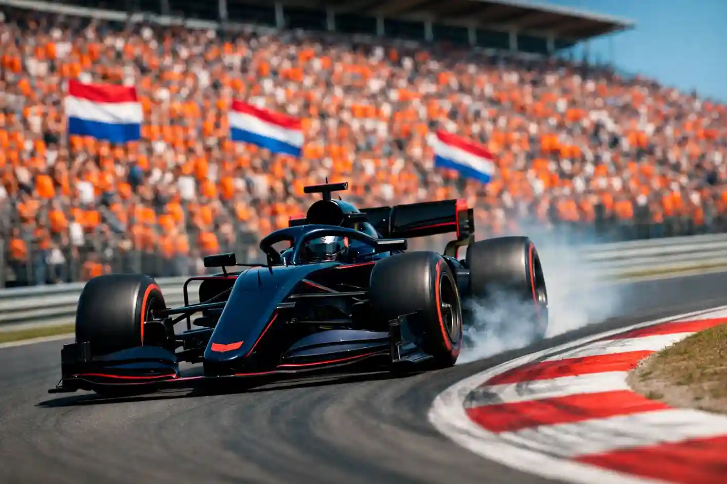 Red Bull F1-auto op het circuit met Nederlandse vlaggen op de tribune