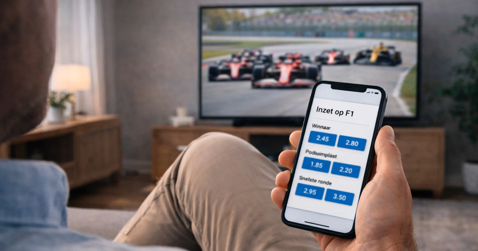 Persoon die mobiele telefoon gebruikt tijdens het kijken naar F1-race