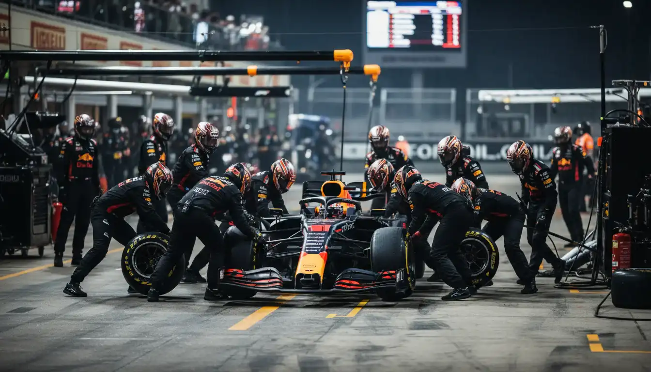 F1-pitcrew voert razendsnel een bandenwissel uit tijdens een pitstop