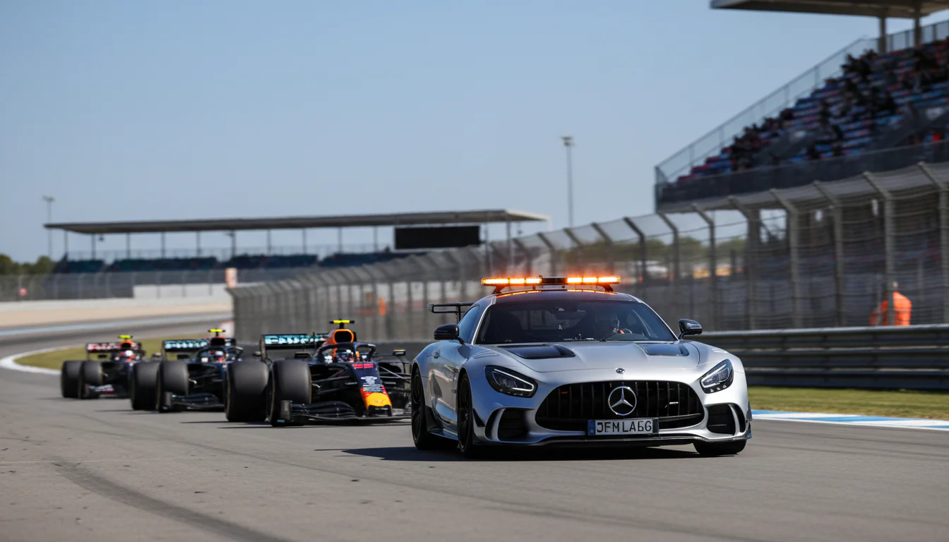 Safety car met zwaailichten leidt het Formule 1-veld over het circuit