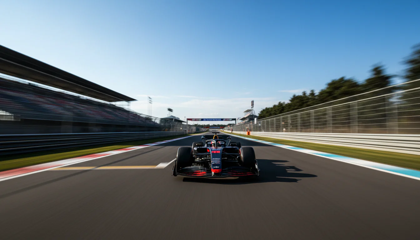Close-up van een Formule 1-auto op het rechte stuk met snelheidslijnen