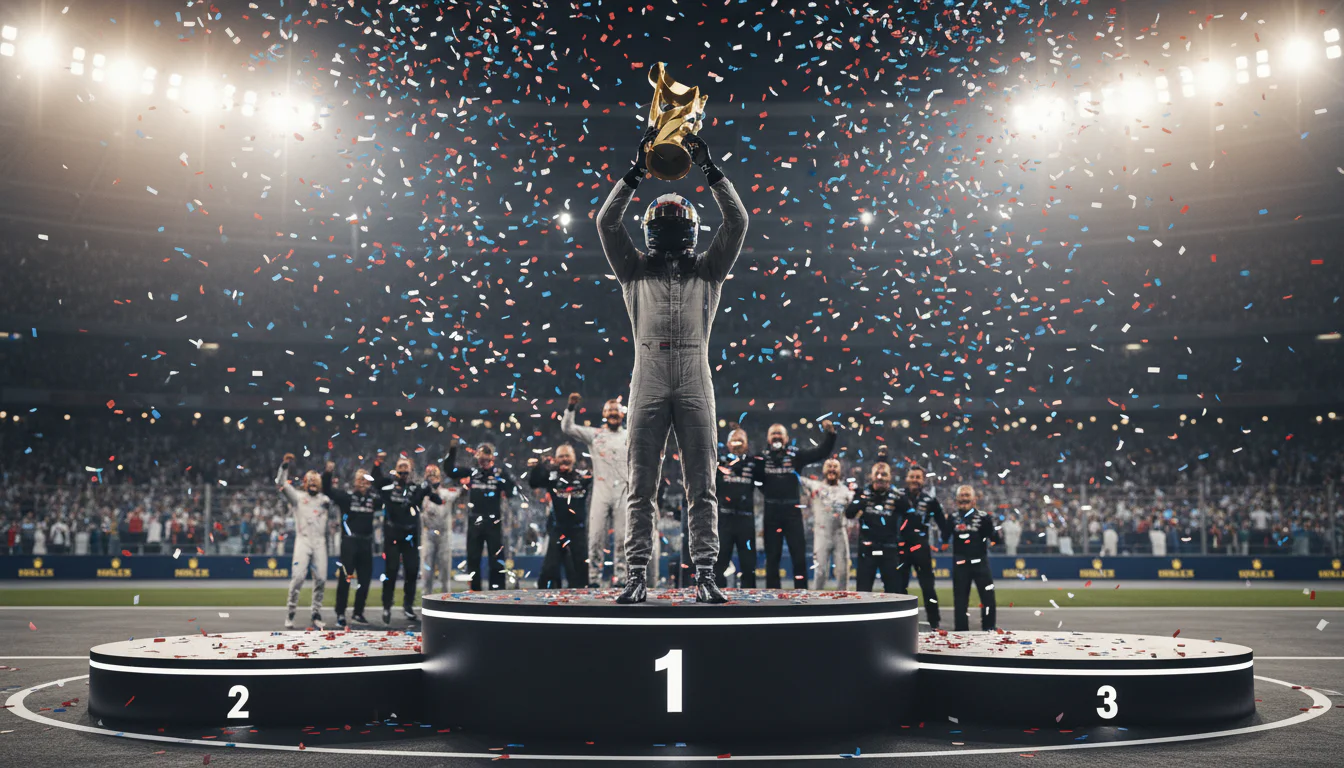 Formule 1-coureur met trofee op het podium na het winnen van het kampioenschap