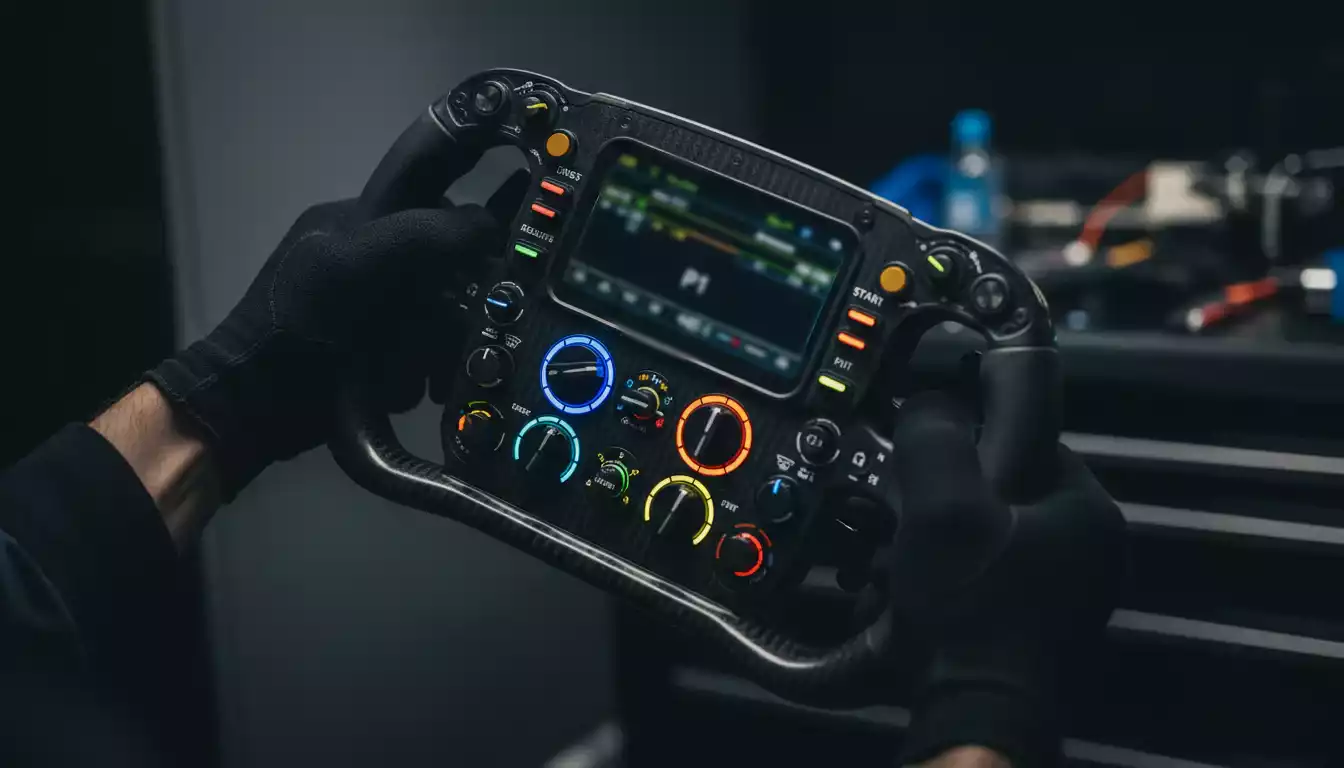 Close-up van een Formule 1-stuur met verlichte displays en telemetriedata