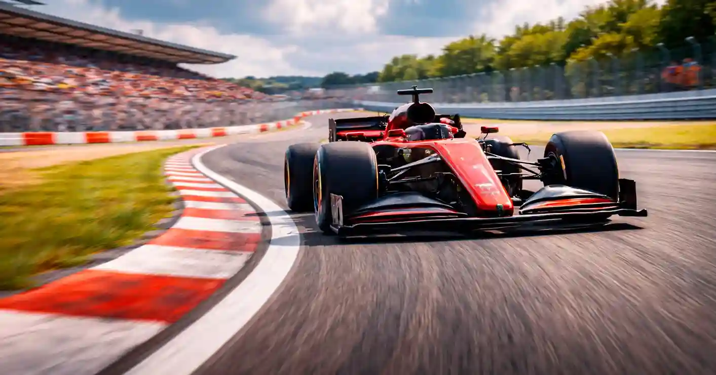 F1-bolide in volle vaart op een iconisch racecircuit