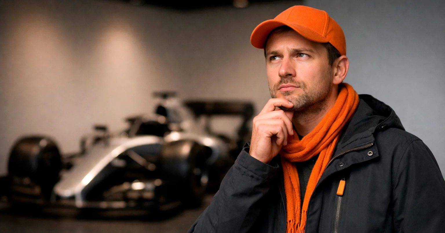 F1-fan met vragende blik naast een Formule 1-bolide