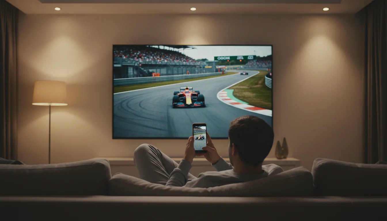 Persoon kijkt naar een Formule 1-race op een groot scherm met een telefoon in de hand