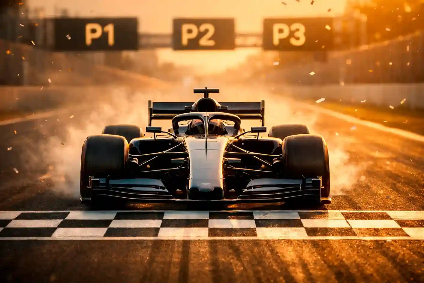 F1-auto passeert finishlijn met uitslagenmonitor op de achtergrond