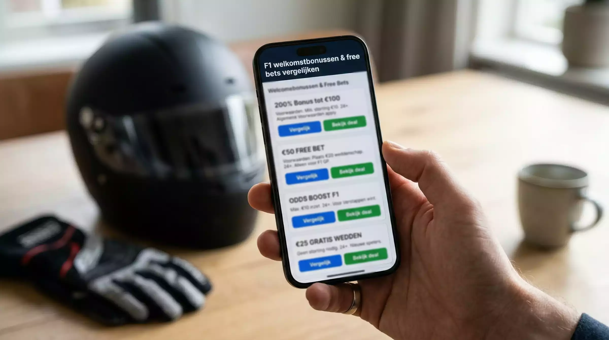 Smartphone met een bookmaker-app open naast een Formule 1-helm
