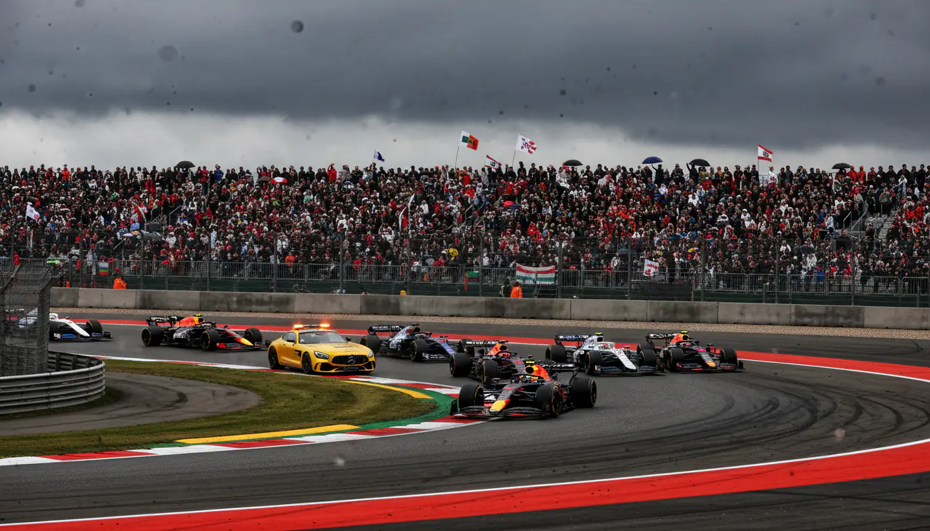 Formule 1-auto passeert de pitstraat tijdens een spannend racemoment