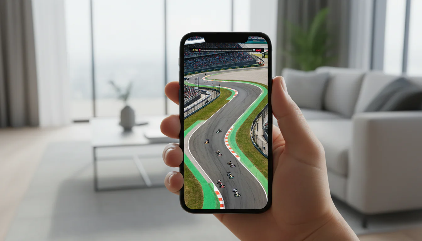 Smartphone met live Formule 1-race op het scherm in een hand
