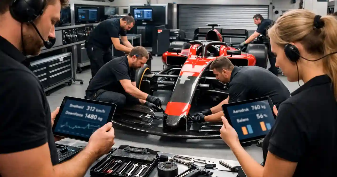 F1-technisch team dat aan bolide werkt in pitlane