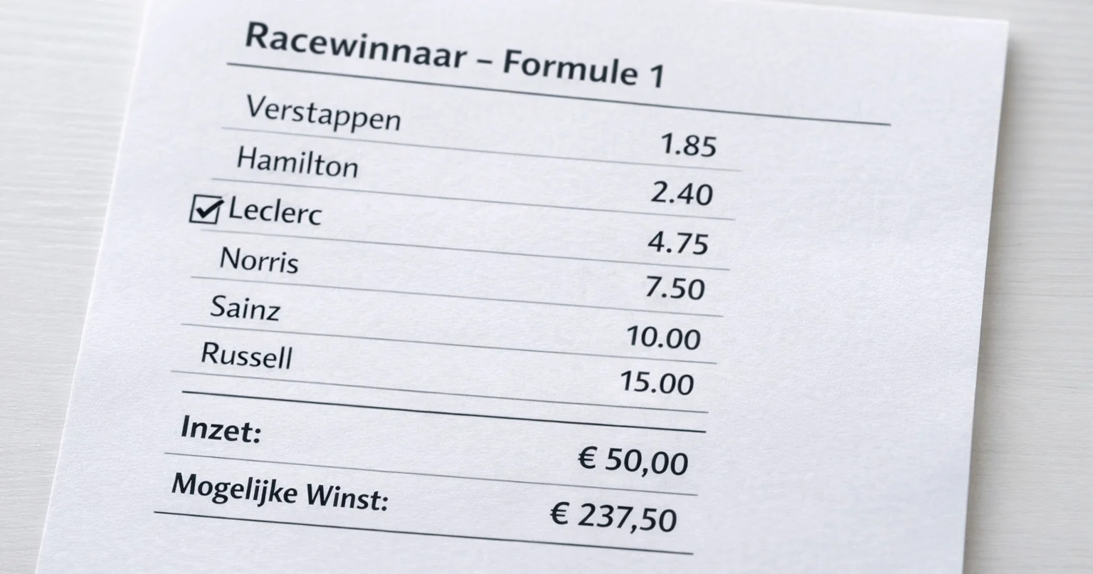 Close-up van weddenschap ticket met F1 quoteringen
