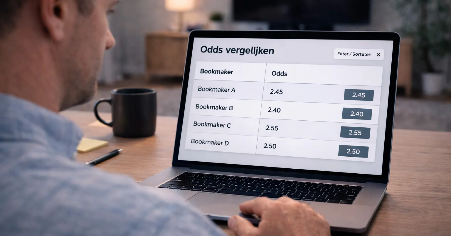 Persoon die odds vergelijkingswebsite gebruikt op laptop