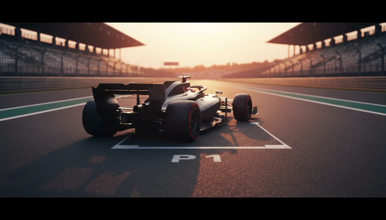 Formule 1-auto op de startgrid bij zonsondergang klaar voor kwalificatie