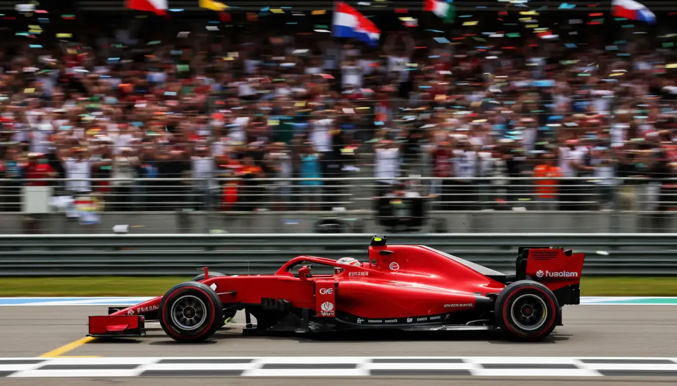 Formule 1-auto passeert de finishlijn met wazig publiek op de achtergrond