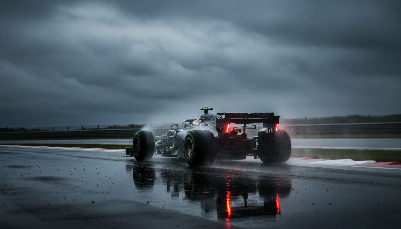 Formule 1-auto in de regen op een nat circuit met opspattend water