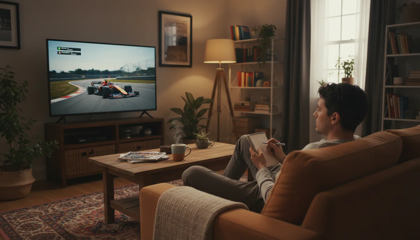 Persoon bekijkt rustig een raceweekend op televisie met een notitieboekje erbij