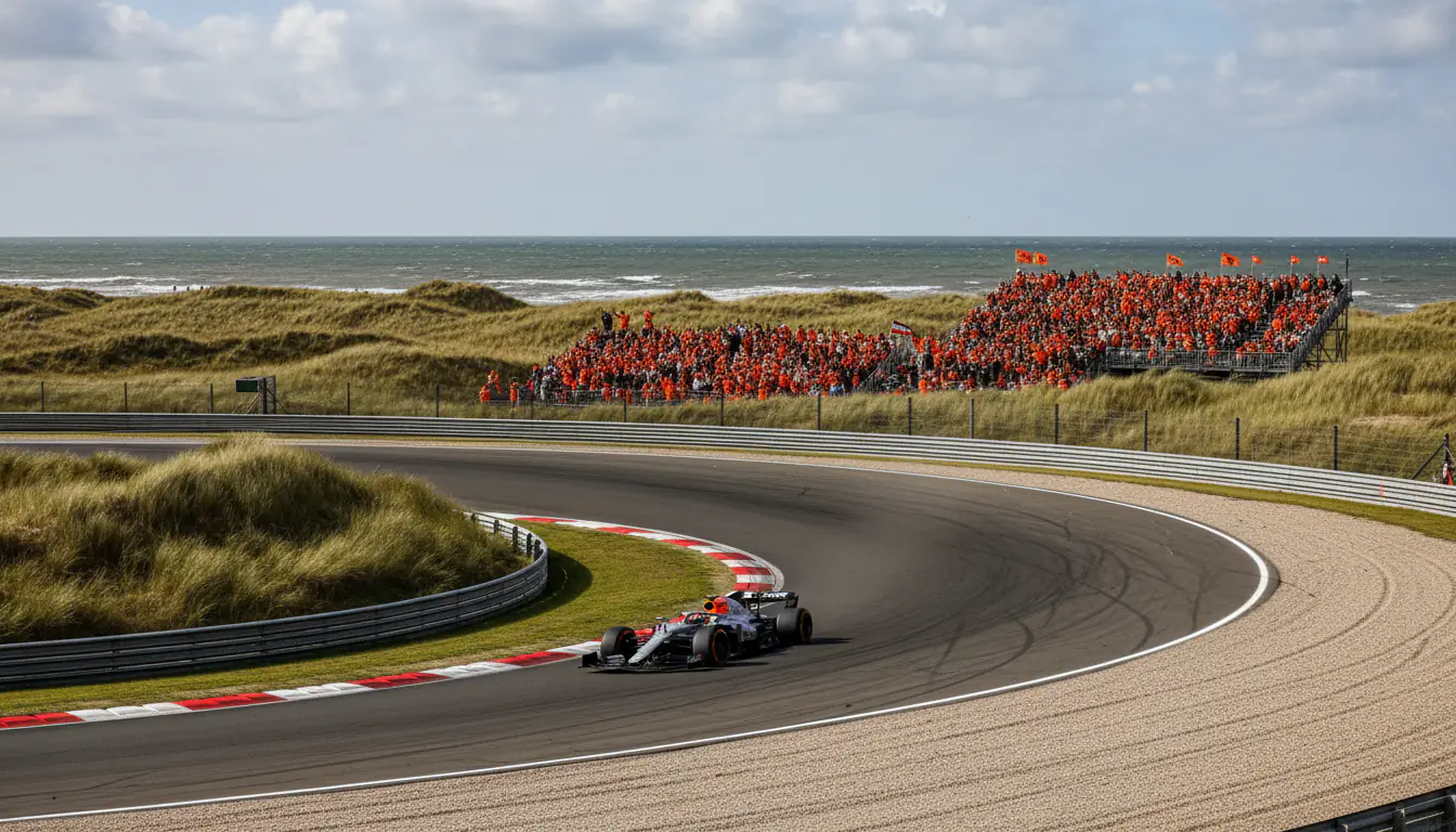 Circuit Zandvoort in de duinen met Formule 1-auto's in de gebankeerde bocht