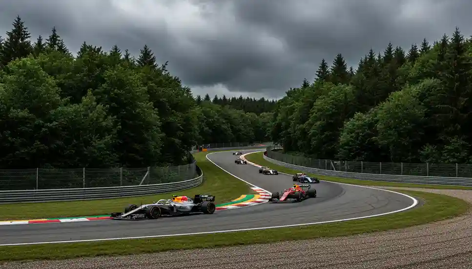 Formule 1-auto's razen door Eau Rouge op Spa-Francorchamps tussen de bossen