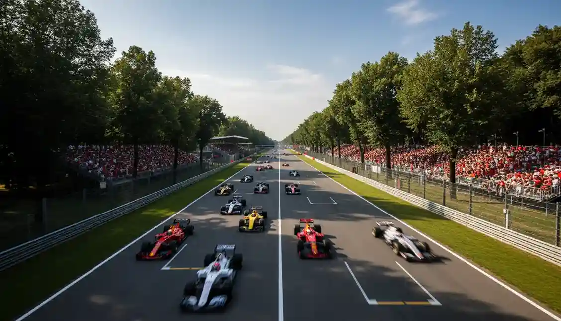 Formule 1-auto's rijden met hoge snelheid over het rechte stuk van Monza