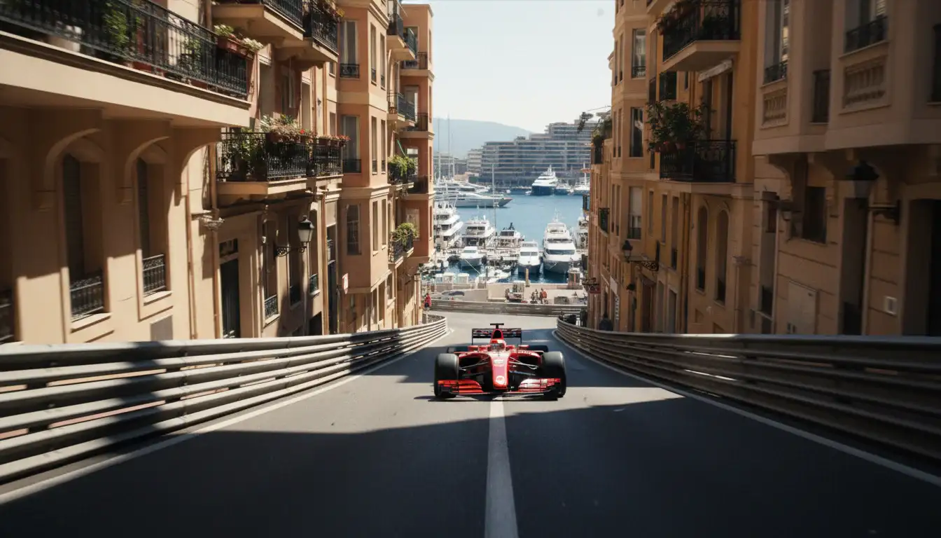 Formule 1-auto scheurt door de straten van Monaco met jachthaven op achtergrond