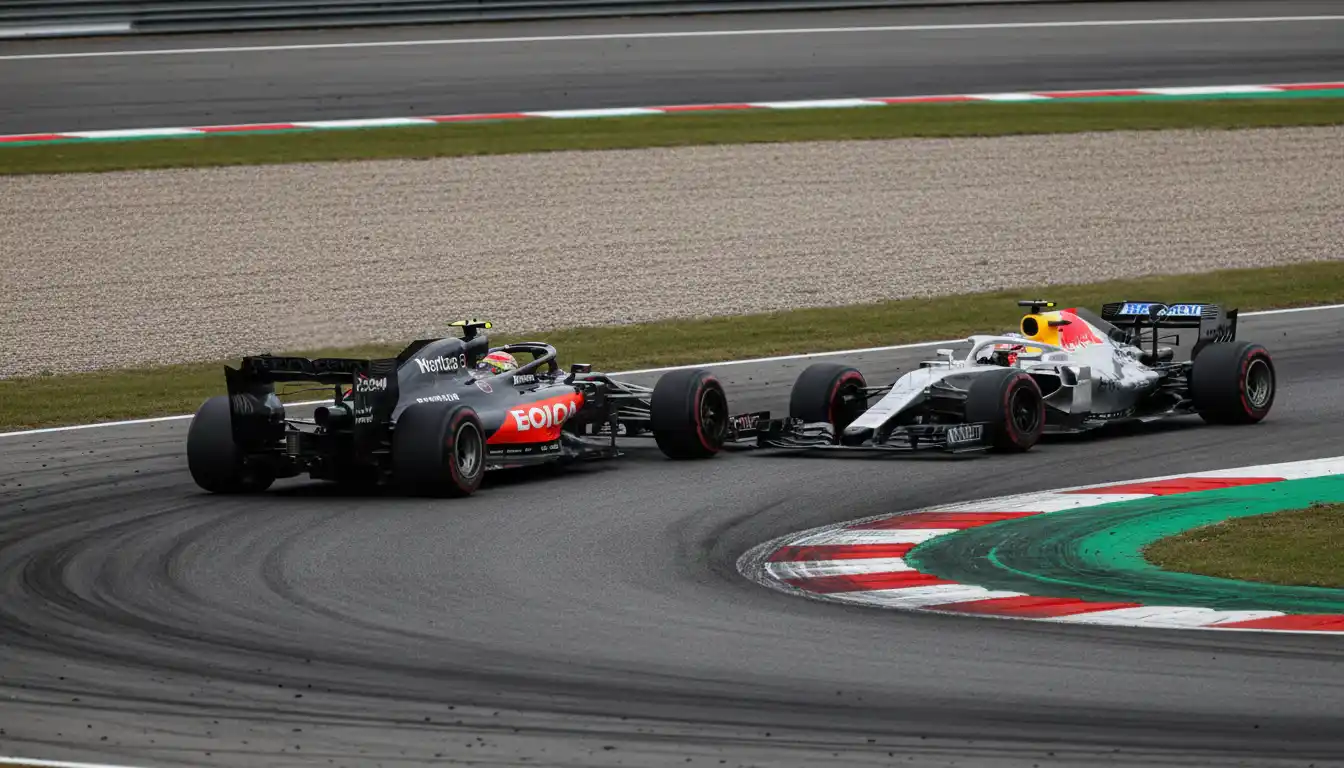 Formule 1-auto uit het middenveld vecht voor positie in een bochtengevecht