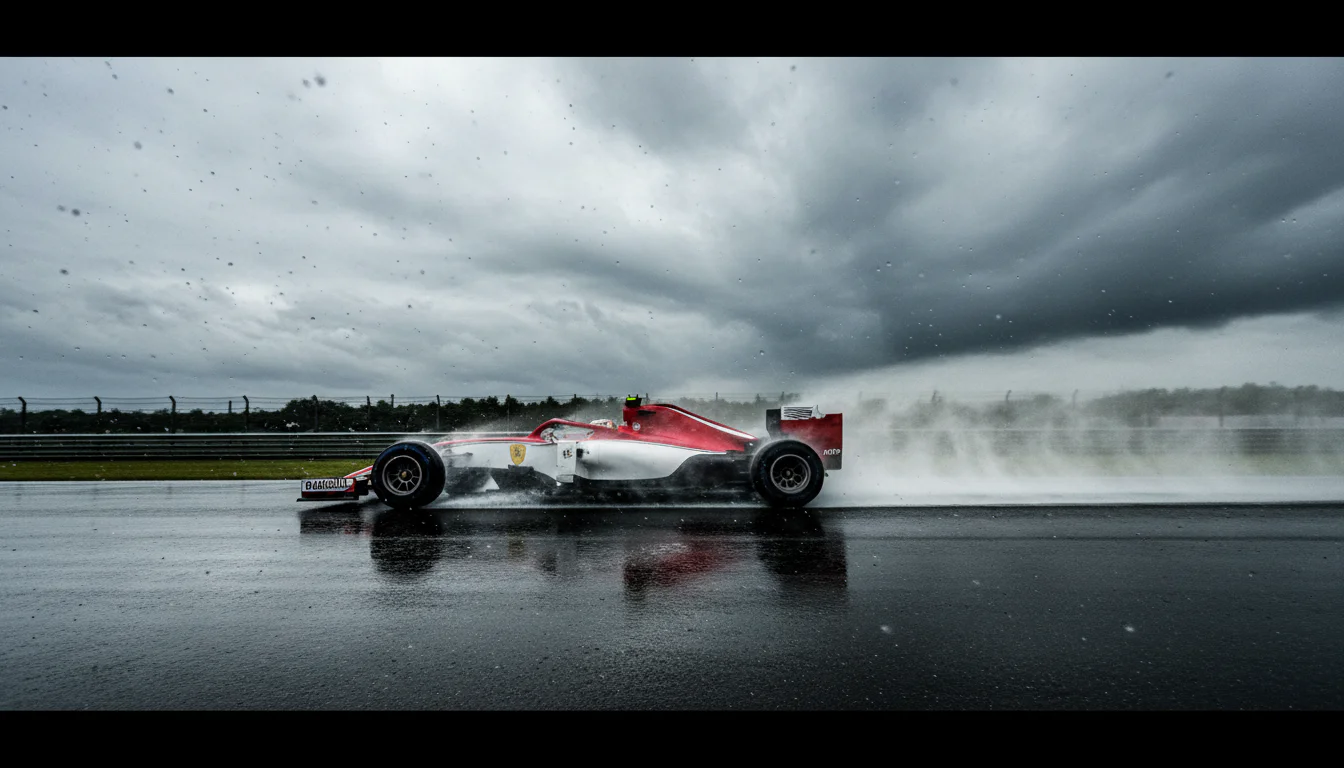 Formule 1-auto rijdt over een nat circuit met opspattend water bij regenrace